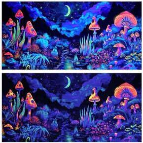 36X18IN Blacklight Mushroom Flower Black Light Aquarium Background, UV Fish Tank Background Moonlight Mountain Forest Landscape Terrarium Background with 10 EVA Double-Sided Tape