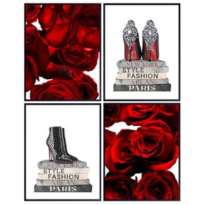 Designer Wall Art & Decor - Glam Living room Wall Decor - High Fashion Wall Decor - Glamour Wall Art - Luxury Wall Decor - Bedroom Decor for Women Girls Teens - Luxury Gifts - Red Roses Books Shoes