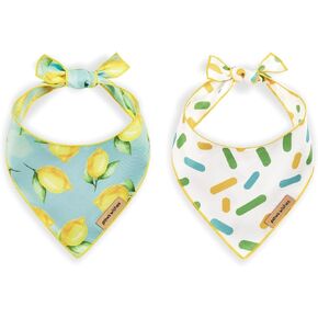 Dog Bandana 2 Pack, Lemon Slice and Yellow Plaid Set Lemon Festival, Pet Friendly Design, Hair and Water Resistant, Adjustable Dog Scarf for Medium Boy Girl Dog