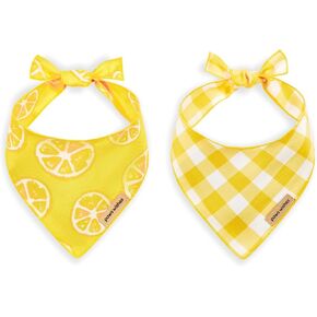 Dog Bandana 2 Pack, Lemon Slice and Yellow Plaid Set Lemon Festival, Pet Friendly Design, Hair and Water Resistant, Adjustable Dog Scarf for Medium Boy Girl Dog