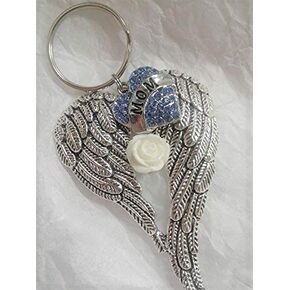 Mom Memorial Angel Wings Keychain with Blue Crystal Heart and White Rose