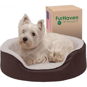Furhaven Orthopedic Dog Bed for Medium/Small Dogs w/ Removable Washable Cover, For Dogs Up to 18 lbs - Sherpa & Suede Oval Lounger - Espresso, Medium