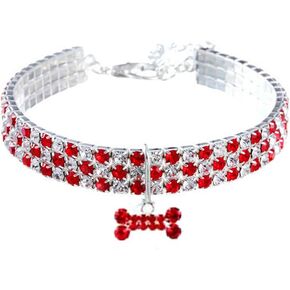 Pet Collar with Diamonds, Adjustable Crystal Diamond Elastic Bone Pendant Wedding cat and Dog Small pet Necklace Jewelry