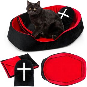 3 Pcs Halloween Gothic Coffin Cat Bed Set with Coffin Cat Bed Black Tombstone Pillow Red and Black Blanket Gothic Pet Furniture Cat Activity Center for Halloween