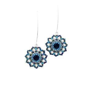 Handmade Blue Flower Swarovski Crystal and Pearl Beaded Dangle Silver Earrings