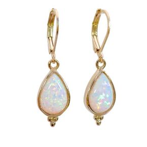 Opal teardrop gold dangle earrings for women, White opal earrings, leverback earrings (created-opal (white))