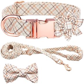 Plaid Dog Collar Leash Set with Bow Tie Adjustable Cute Puppy Collar with Durable Metal Buckle Girls Boys Dog Collar for Small Medium Large Dogs Pink-L