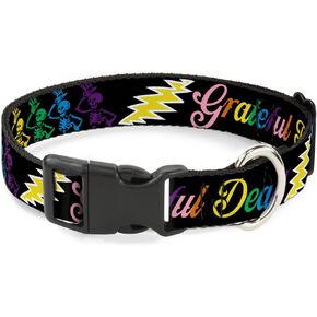 Buckle-Down Plastic Clip Collar - Grateful Dead Script w/Bears & Skeletons Black/Multi Color - 1" Wide - Fits 9-15" Neck - Small