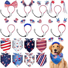 16 Pcs 4th of July Accessories for Pet Include 8 Patriotic Head Boppers Headband Patriotic Headbands Head Bopper and 8 Dog Bandanas Patriotic Pet Scarf for Independence Day Party Supplies