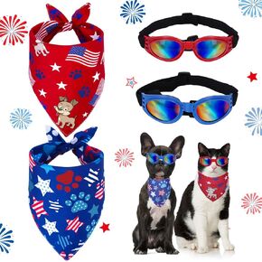 Whaline 4Pcs Patriotic Dog Bandanas and Goggles Set 4th of July American Flag Pet Triangle Scarf Bibs Dog Eye Wear Sunglasses Independence Day Pet Costume Accessories for Medium Dog Cat Pet Decor