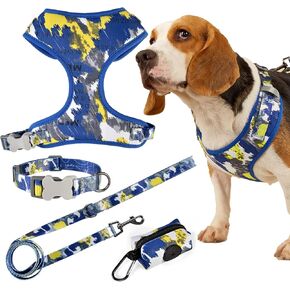 Dog Harness Collar and Leash Set, Soft Fabric Strong Adjustable Reflective No Pull Dog Vest Harness with Poop Bag Holder for Small Medium Large Dog