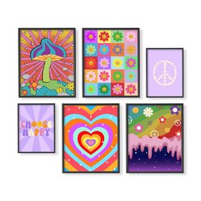 Cool Vintage Happy Smile Face Picture - Colorful Sunflower Heart Aesthetic - Retro Smile Cute Poster - Postive Quotes Wall Art Print - Hippie Indie Room Decor - 60s 70s Groovy Choose Happy Peace Love