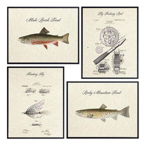 Trout And Fly Fishing Unframed Wall Art Prints - Set of Four - Great For Fishermen, Home Decor or Gifts - Ready to Frame (8X10) Vintage Photos
