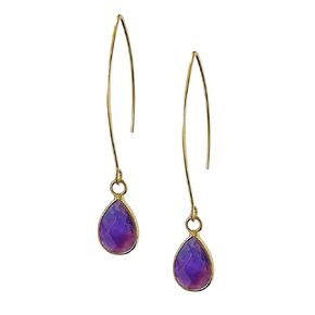 Natural Gemstone Pull Through Earrings 18K Gold Plate, Birthstone Jewelry, Healing Stones, Small Dainty Teardrop Earrings, Drop Dangle Earrings for Women Girls Gift (purple-amethyst)