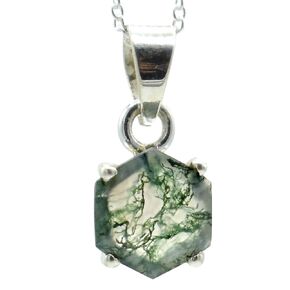 Tiny Hexagon Moss Agate Pendant, Moss Agate Necklace, Gift For Her, Solid 925 Sterling Silver Necklace With 18" Chain, Gift for Her