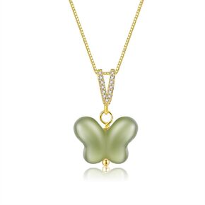 Natural Hetian Jade Necklace for Women, Small Carved Butterfly Pendant Necklace Green Exquisite and Delicate Jewelry Chain for Her Gift (925 Sterling Silver with Real Gold Plated)