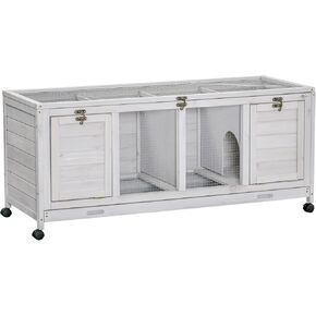 PawHut Wooden Rabbit Hutch, Bunny Cage with Wheels, Dividers, Openable Roof, Removable Trays, Small Animal Cages for 1-2 Rabbits, Indoor Outdoor Use, Light Gray