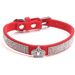 Dog Cat Collar Bling Rhinestone Crown Faux Leather Adjustable Pet Necklace for Chihuahua Yorkie (XS, Pink)