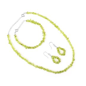 Peridot Jewelry Sets For Women Gemstone Green Chips Nuggets Natural Stone Handmade Jewelry Healing Chakra Crystals, Birthstone 925 Sterling Silver Chain (Pack of 3) Trendy Gifts