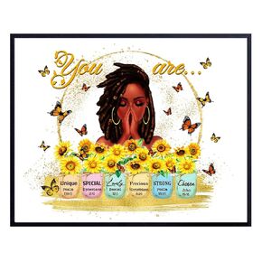 Inspiration Christian Art for Black women - I Am positive Affirmations Bible Verse Wall Art & Decor - Black Girl African Americans Motivational quote Poster - Women’s empowerment Religious Gift