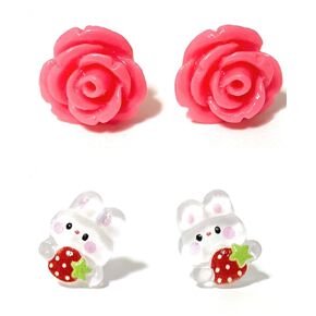 Hypoallergenic Cute Bunny Strawberry Stud Earrings on Plastic Posts with Rose, 12mm (yellow) Metal Free (pink)