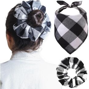 Matching Dog and Owner Clothes - Buffalo Plaid Dog Bandanas & Matching Scrunchie Set, Puppy Bandana Scarf for Small Medium Large Sized Dogs with Dog Mom Outfit Accessories, Green Plaid