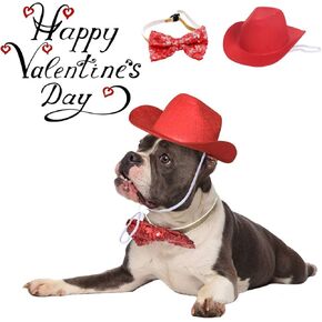 Vehomy Valentine's Day Dog Cat Cowboy Hat and Bow tie Collar Pet Cowboy Costume for Dogs and Kittens Set of 2Pcs