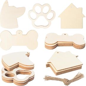 Dog Head & Dog Bone & Dog Paw & Doghouse Combination Wooden Unfinished Tag Hanging Cutout Blank Slices Wooden Gift Tags with Twine for Doghouse Decoration Wedding Birthday Party Decoration 20Pcs