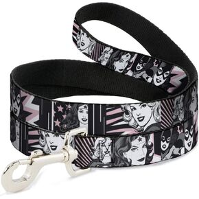 Dog Leash Batgirl Wonder Woman Supergirl Retro Panels Black Pink White 6 Feet Long 1.5 Inch Wide