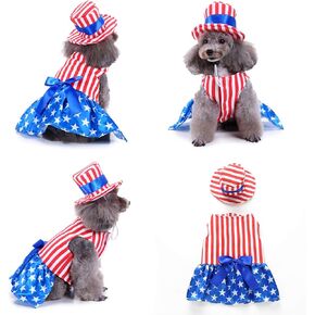 Dog 4th of July Costume and Hat, Pet Puppy 4th of July Outfit Clothes Patriotic Striped Dress for Small Medium Dog Cat