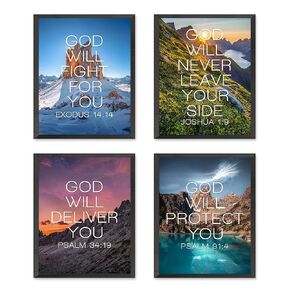 God Will Series, Set 1, Inspirational Mountain Photography Prints, Set of 4, UNFRAMED, Exodus 14:14, Joshua 1:9, Pslam 34:19, Psalm 91:4, Bible Verse Christian Art Decor Posters, 8x10 Inches
