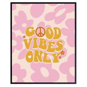 70s Hippie Aesthetic Room Decor - 60s Vintage Retro style Peace Pop art - Groovy College Dorm Room Decor for Women - Cute Pink Wall Art for Teen Girls - Good Vibes Only Sign for Preppy Bedroom, Bath