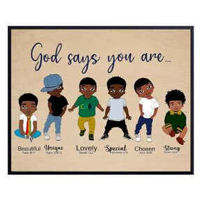 African American Boys Wall Art LARGE 11x14 - Christian Gifts - Bible Verse - Religious Wall Decor for Boys Room - Scripture Wall Art - Black Art - Inspirational Quotes - Bedroom Decor - God Wall Decor