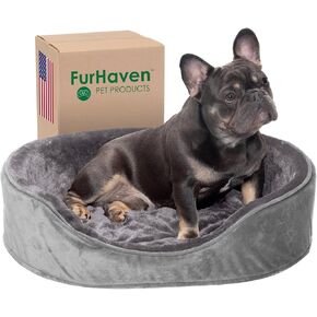 Furhaven Orthopedic Dog Bed for Large/Medium Dogs w/ Removable Washable Cover, For Dogs Up to 30 lbs - Plush & Velvet Oval Lounger - Smoke Gray, Large