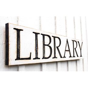 LIBRARY Sign - Carved in a 40" x 8" Solid Wood Board | Rustic Distressed | Farmhouse Style | Classic Vintage Home Decor | Handmade in NC