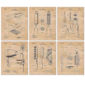 Vintage Hair Styling Tools Patent Prints, 6 (8x10) Unframed Photos, Wall Art Decor Gifts for Home Work Office Lounge Studio Salon Student Teacher Cosmetology Fashion Beauty Design Stylist Fans