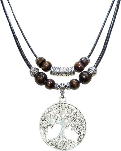 Double Layer Tree of Life Pendant Necklace Wood Beaded Jewelry Gifts for Mens Womens Wife Her Daughter Mom Grandma (Silver) in Saudi Arabia