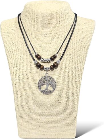 Double Layer Tree of Life Pendant Necklace Wood Beaded Jewelry Gifts for Mens Womens Wife Her Daughter Mom Grandma (Silver) in Saudi Arabia