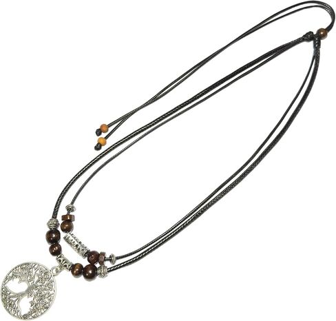 Double Layer Tree of Life Pendant Necklace Wood Beaded Jewelry Gifts for Mens Womens Wife Her Daughter Mom Grandma (Silver) in Saudi Arabia