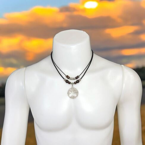 Double Layer Tree of Life Pendant Necklace Wood Beaded Jewelry Gifts for Mens Womens Wife Her Daughter Mom Grandma (Silver) in Saudi Arabia