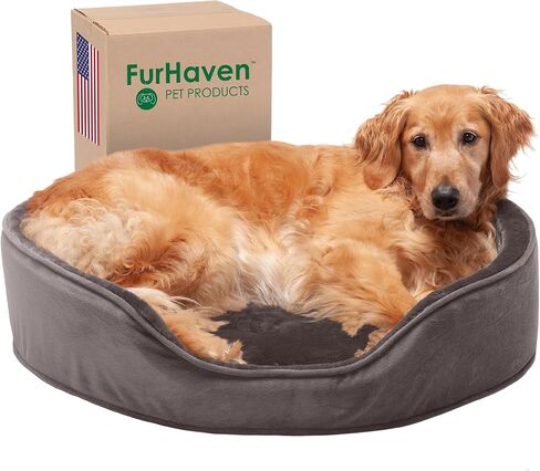 Furhaven Orthopedic Dog Bed for Large Dogs w/ Removable Washable Cover, For Dogs Up to 55 lbs - Plush & Velvet Oval Lounger - Driftwood Brown, XL/Extra Large in Saudi Arabia