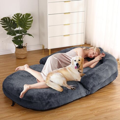 GAOMON Human Size Dog Bed for Adult, Foldable Adult Dog Bed for Humans, 71"x43"x10" Giant Dog Bed with Washable Faux Fur Cover Fits You and Pets, Napping Dog Bed, Dark Grey in Saudi Arabia