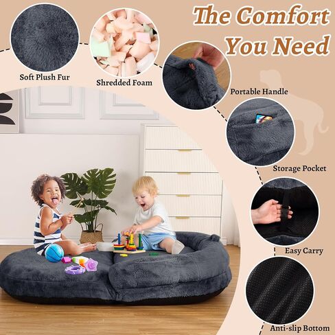GAOMON Human Size Dog Bed for Adult, Foldable Adult Dog Bed for Humans, 71"x43"x10" Giant Dog Bed with Washable Faux Fur Cover Fits You and Pets, Napping Dog Bed, Dark Grey in Saudi Arabia