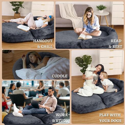 GAOMON Human Size Dog Bed for Adult, Foldable Adult Dog Bed for Humans, 71"x43"x10" Giant Dog Bed with Washable Faux Fur Cover Fits You and Pets, Napping Dog Bed, Dark Grey in Saudi Arabia