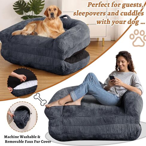 GAOMON Human Size Dog Bed for Adult, Foldable Adult Dog Bed for Humans, 71"x43"x10" Giant Dog Bed with Washable Faux Fur Cover Fits You and Pets, Napping Dog Bed, Dark Grey in Saudi Arabia