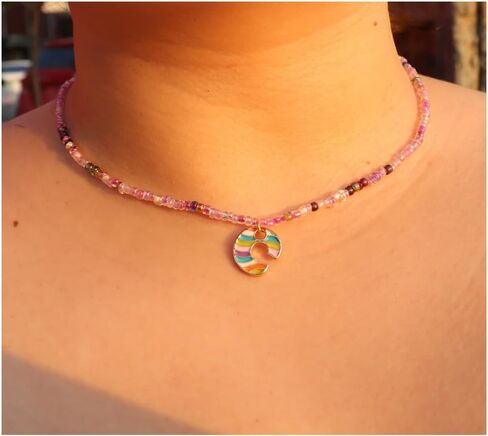 Handmade Letter Choker Necklace Colorful Seed Bead Bohemia Gold Initial Necklaces for Women (m) in Saudi Arabia