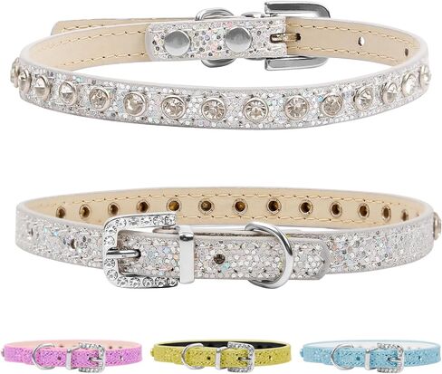 HOWWFALY Pet Bling Accessories Cat and Dog Rhinestone Collar PU Leather Adjustable Collar (Small, Silver) in Saudi Arabia