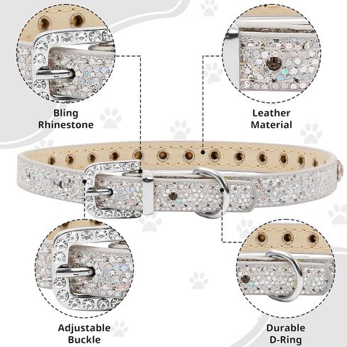 HOWWFALY Pet Bling Accessories Cat and Dog Rhinestone Collar PU Leather Adjustable Collar (Small, Silver) in Saudi Arabia