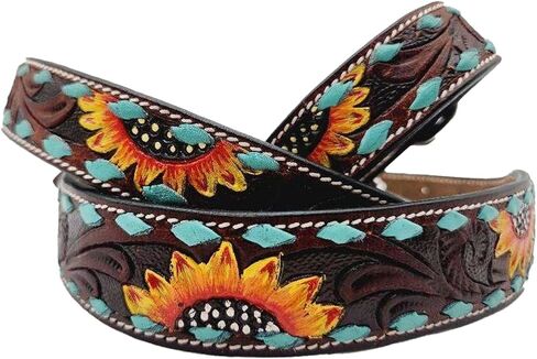 Full Grain Leather Dog Collar with Turquoise Sunflower Design - Durable, Comfortable, Adjustable Pet Collar for Small, Medium, and Large Dogs - Stylish and Secure - Medium in Saudi Arabia