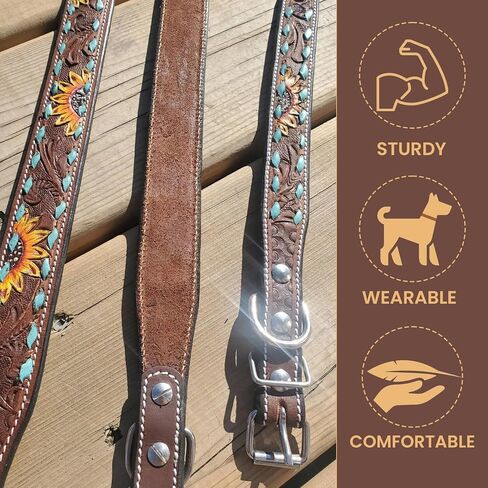 Full Grain Leather Dog Collar with Turquoise Sunflower Design - Durable, Comfortable, Adjustable Pet Collar for Small, Medium, and Large Dogs - Stylish and Secure - Medium in Saudi Arabia